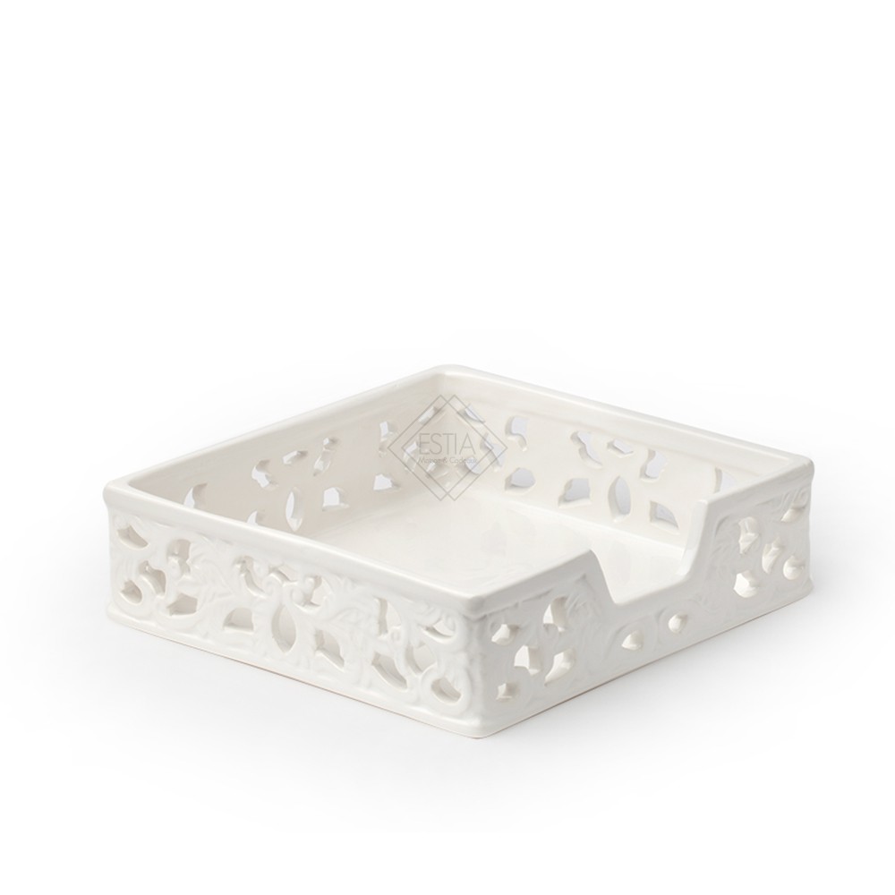 PORTATOVAGLIOLI CERAMICA TRAFORATA 20X20X6CM BAROCCO BIANCO CON