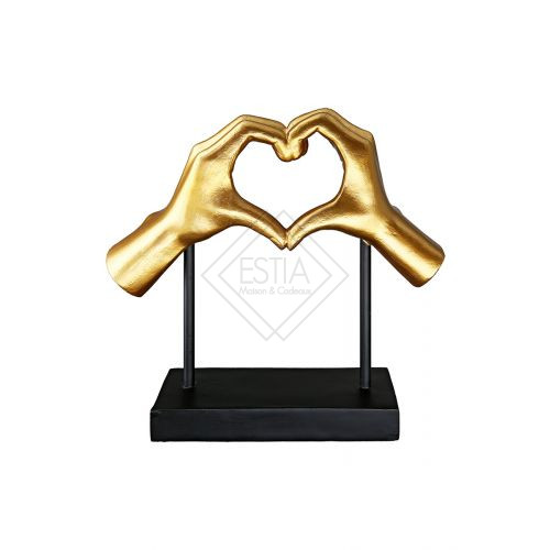 SCULTURA CON MANI A FORMA DI CUORE 'AMOUR' IN RESINA ORO CON BASE NERA (8,5x28,5x26,5cm)