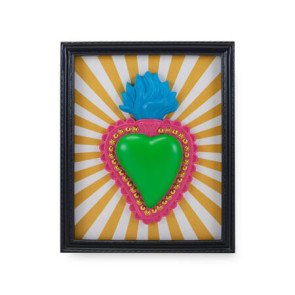 CORICE RETTAGOLARE CON SACRO CUORE SFONDO CON RAGGI E CORNICE NERA (22x18cm)